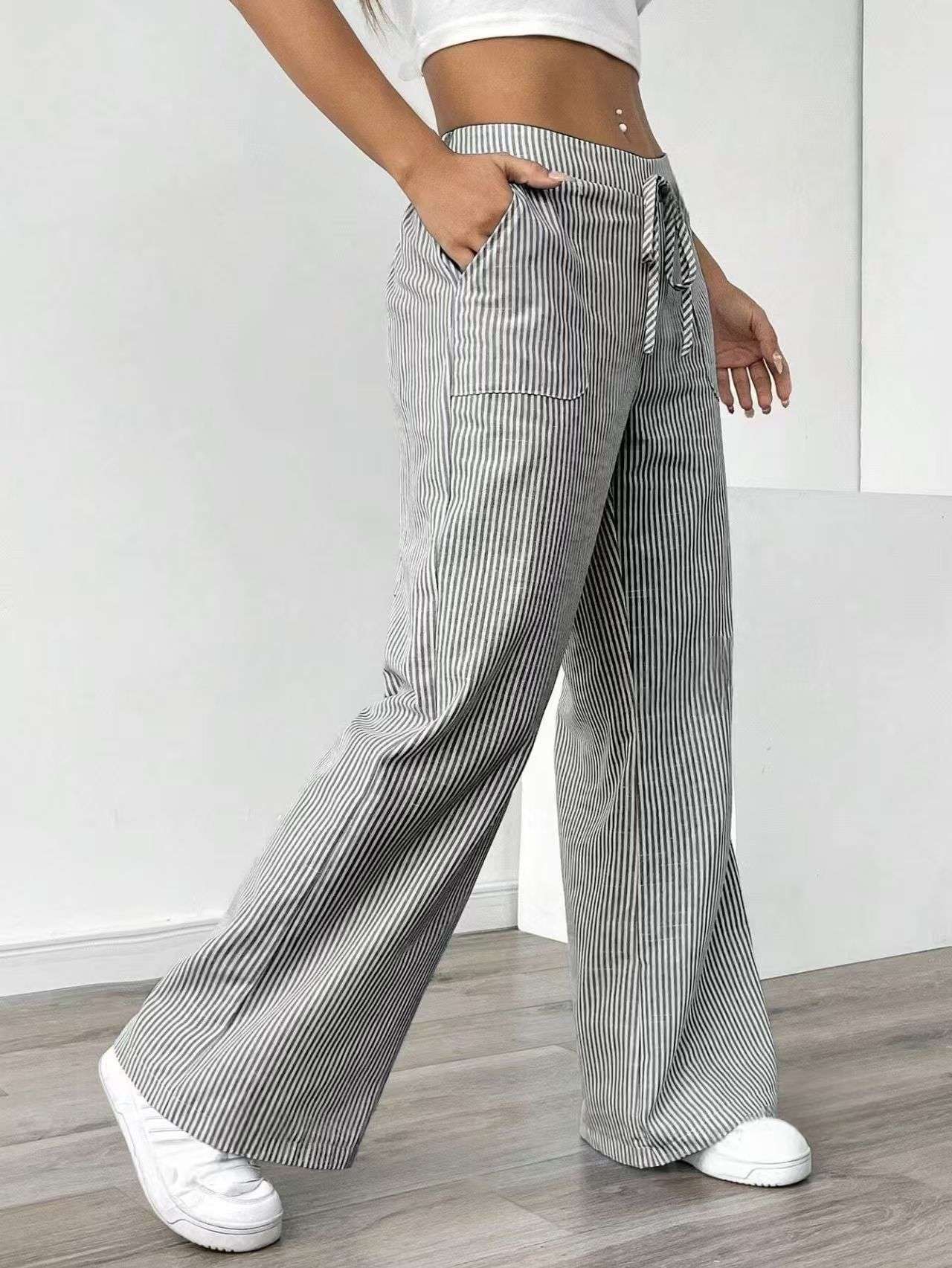Striped Wide-Leg Drawstring Pajama Pants image 1