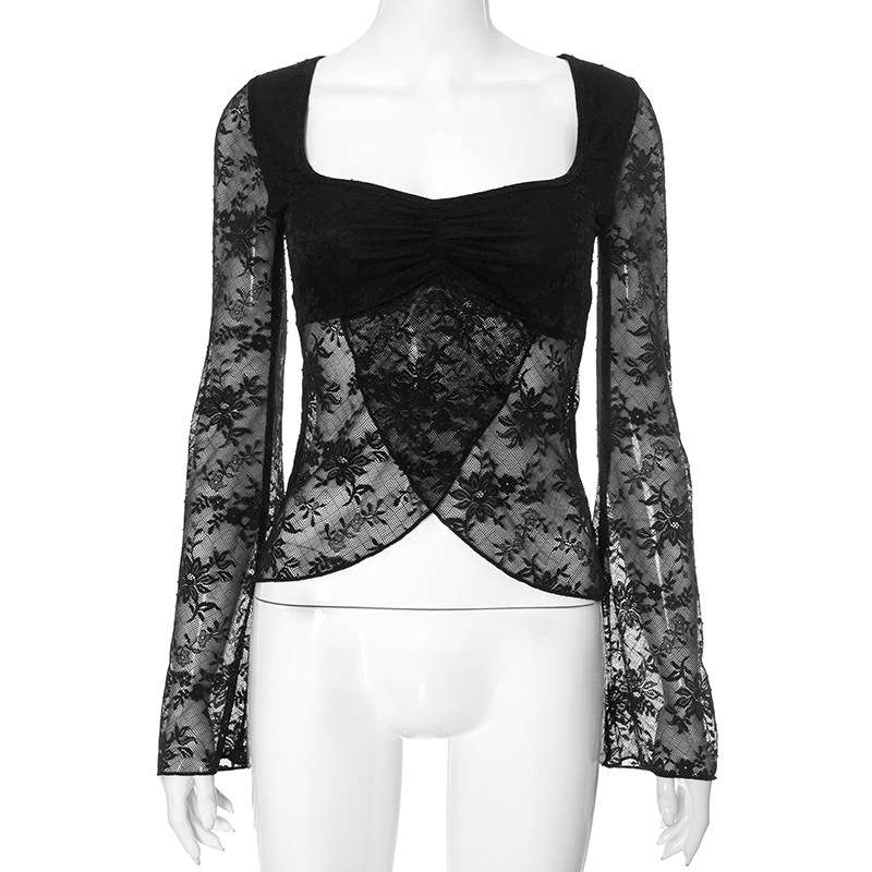 Floral Lace Long-Sleeve Overlay Top with Ruched Bust image 5