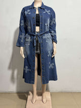 Embroidery Denim Long Coat Belted Outerwear image 4