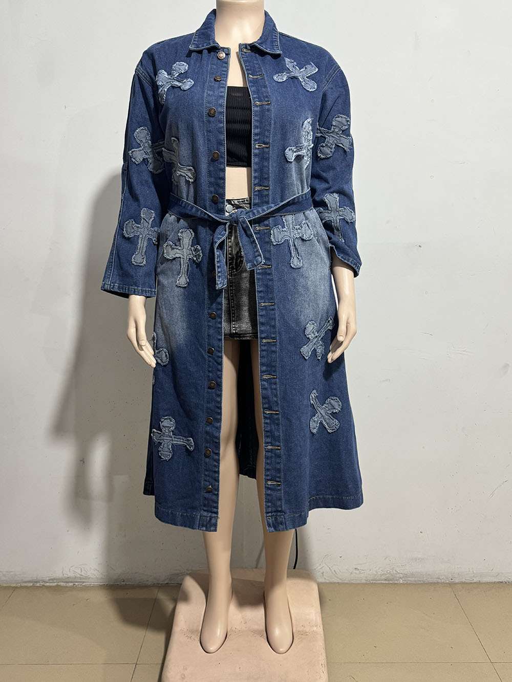 Embroidery Denim Long Coat Belted Outerwear image 4