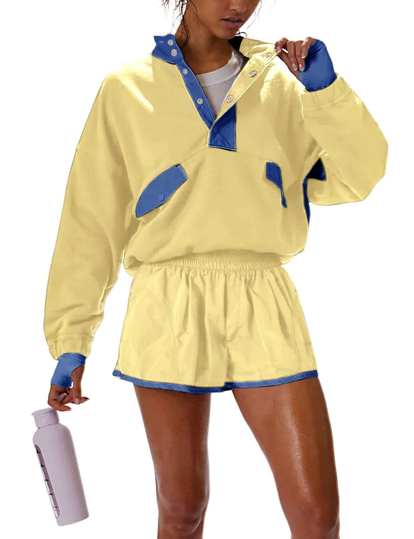 Color-Blocked Windbreaker and Shorts Set - S, Yellow image