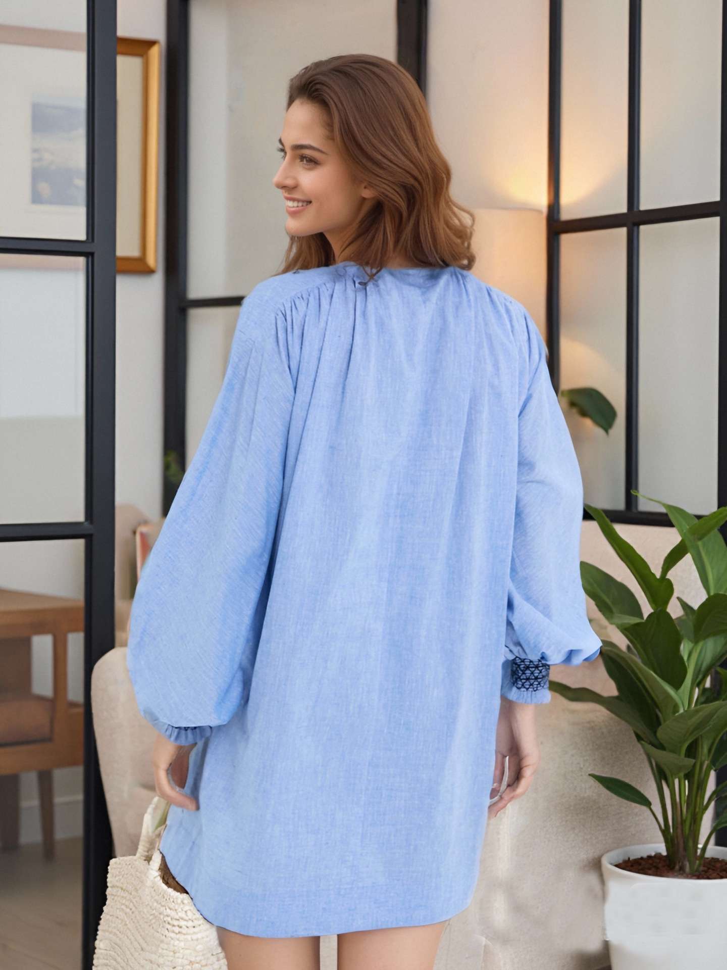 Tunic Dress with Smocked Waist &amp; Cuffed Sleeves image 3