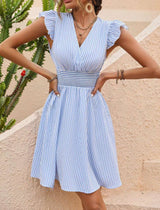 Striped Sleeveless Dress with Ruffled Shoulders - L, Blue image