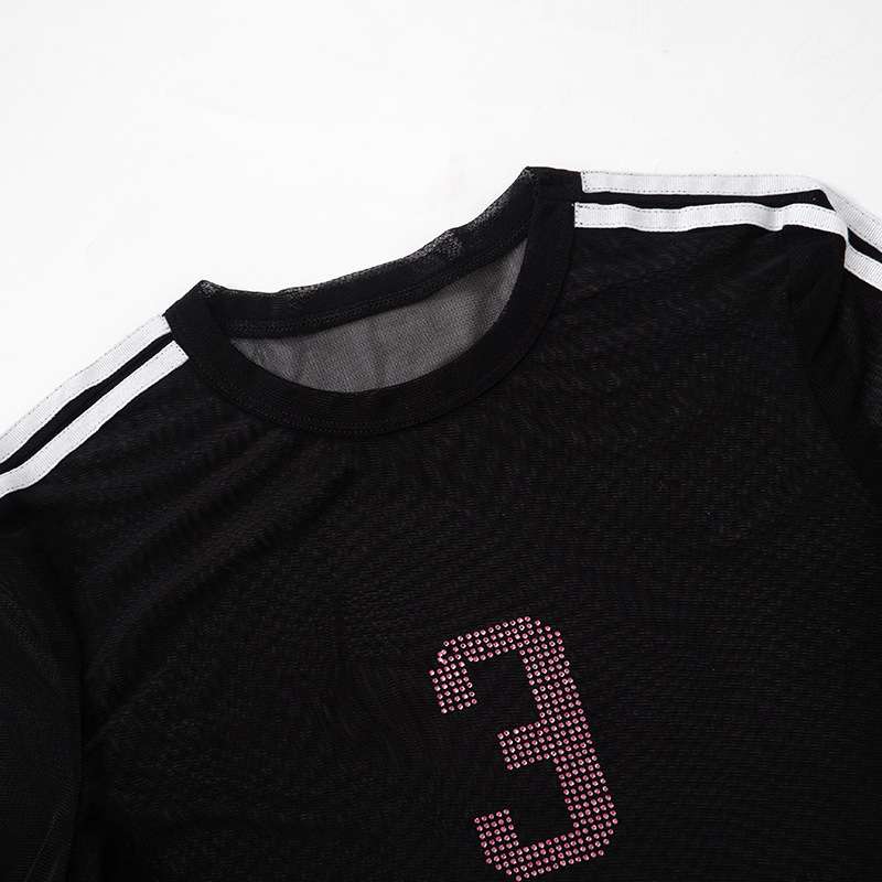 Mesh Patchwork O-Neck White Stripe Skinny Top image 5