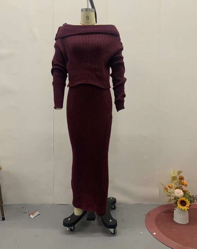 Off Shoulder Sweater Co-ords Maxi Skirt Set - M, Wine Red image