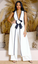 Contrast Trim Longline Coat and Wide Leg Pants Set image 0