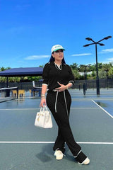 Long Sleeve Pullover Tops with Long Straight Leg Pants Set - S, Black image