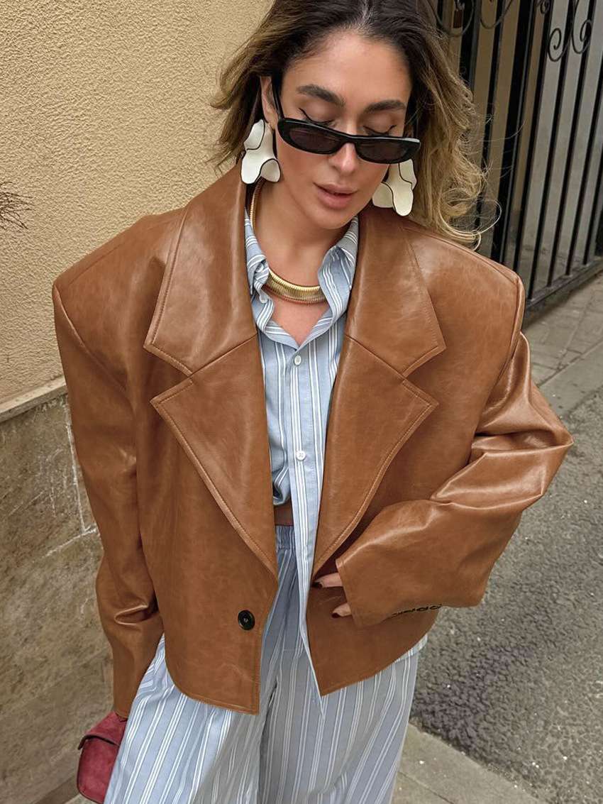 Stylish Oversized Faux Leather Jacket - M, Brown image