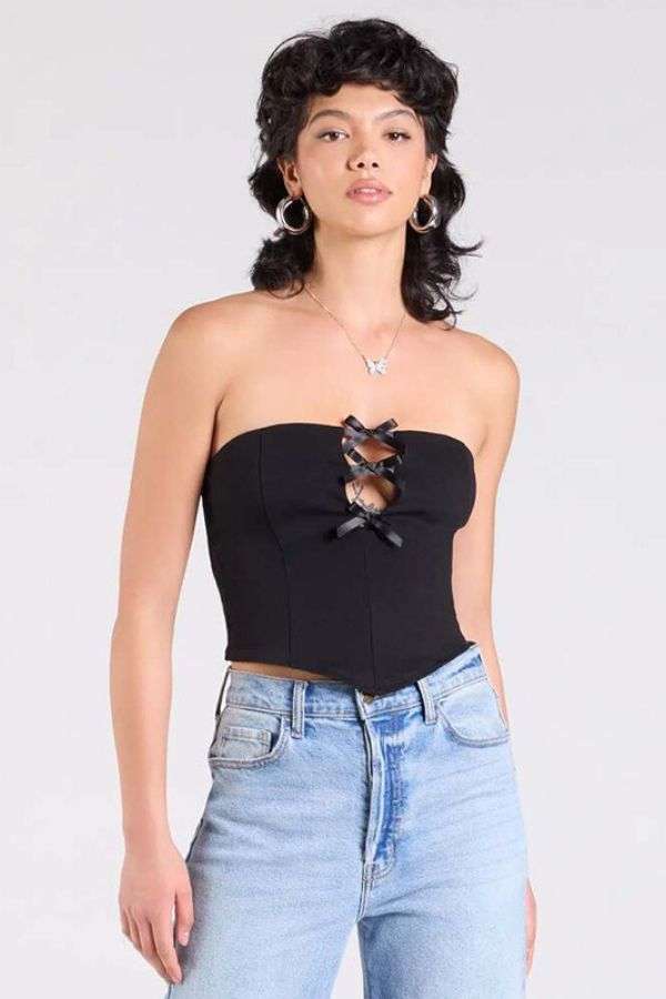Elegant Strapless Corset Top with Decorative Ties - M, Black image