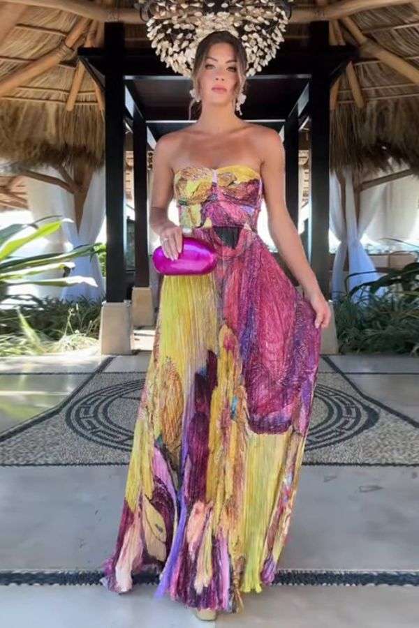 Vibrant Abstract Print Strapless Maxi Dress - Autumnal Yellow, L image