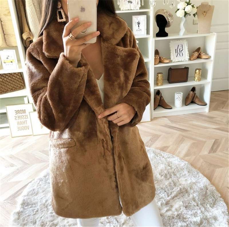 Front Pockets Lapel Neck Fuzzy Jacket - M, Brown image