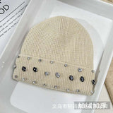 Rhinestone Beanie Soft Warm Winter Skully Hat - Free Size, Off-White image