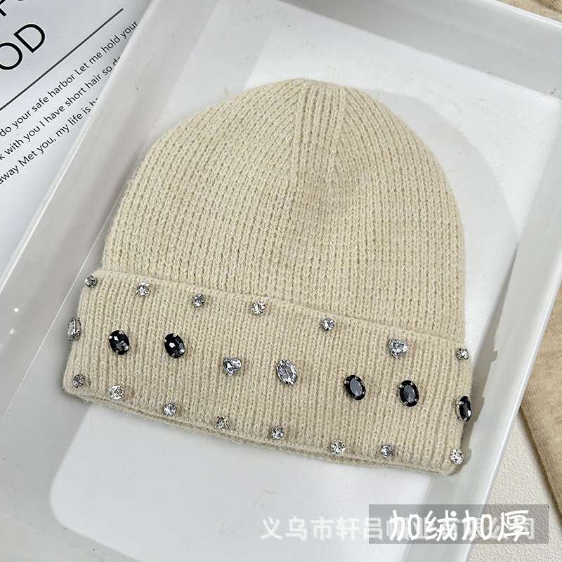Rhinestone Beanie Soft Warm Winter Skully Hat - Free Size, Off-White image