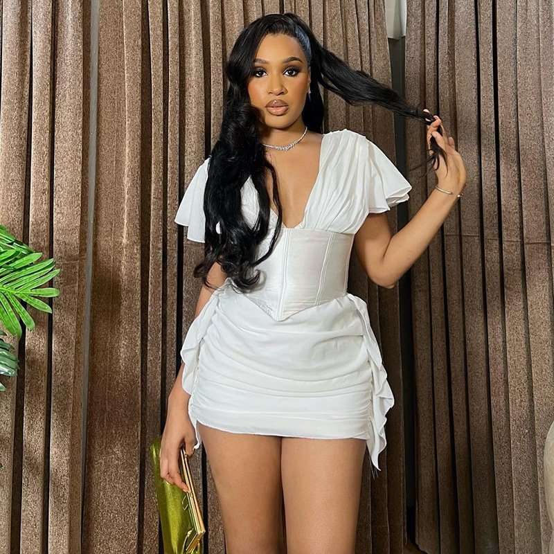 Corset Mini Dress with Ruffled Details - L, White image