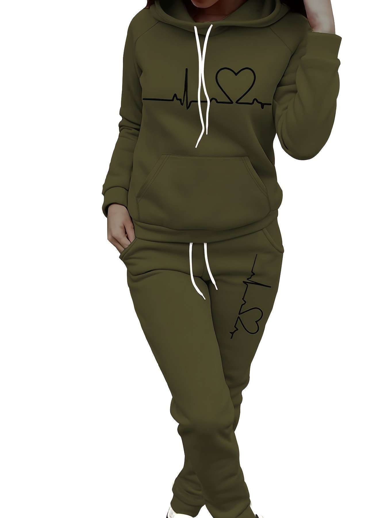 Heartbeat Print Hoodie & Joggers Set - L, Green image