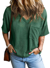 Textured V-Neck Short Sleeve Top - M, Green image