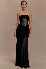 Strapless Ruched Maxi Dress with Lace - L, Black image