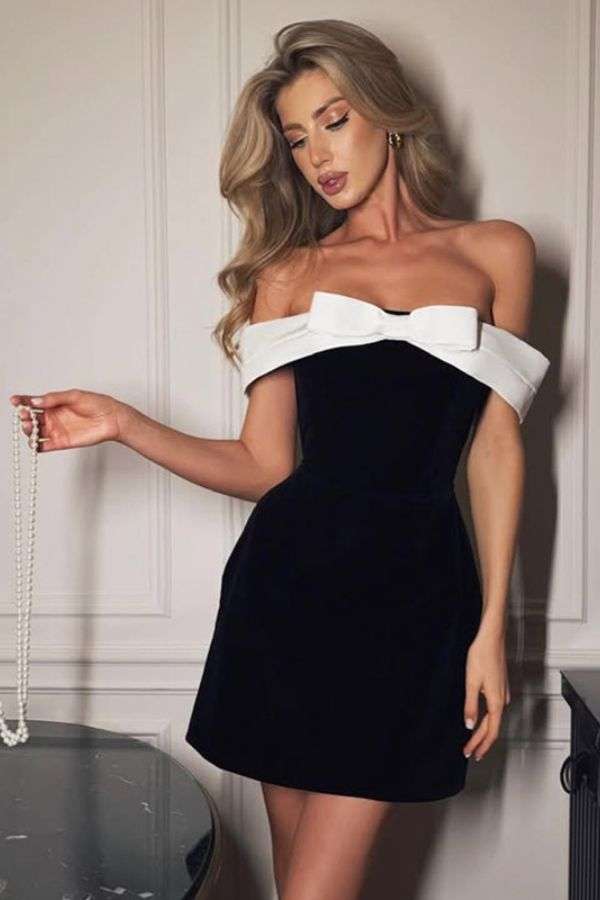 Off-Shoulder Dress with Bow Detail - L, Black image