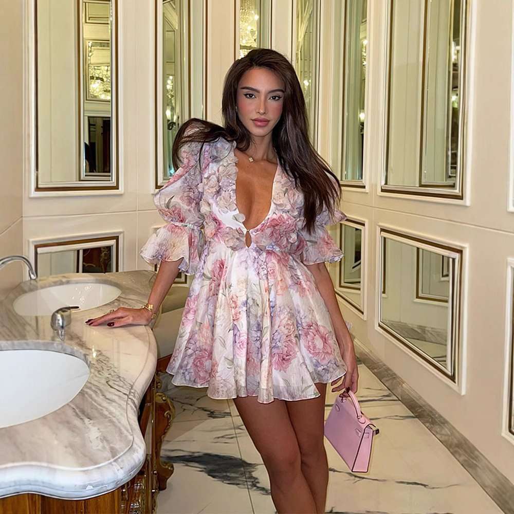 Floral Ruffled Dress with Puff Sleeves - L, Pink image