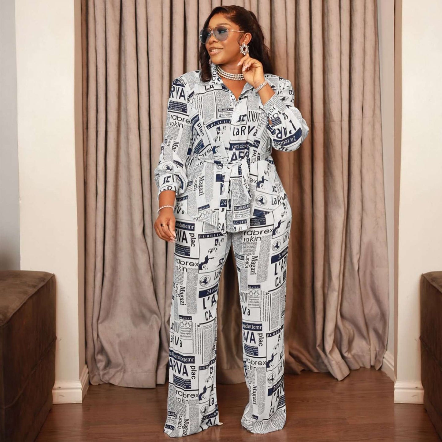 2 Pieces Newspaper Printed Tops & Pants Clubwear image 5