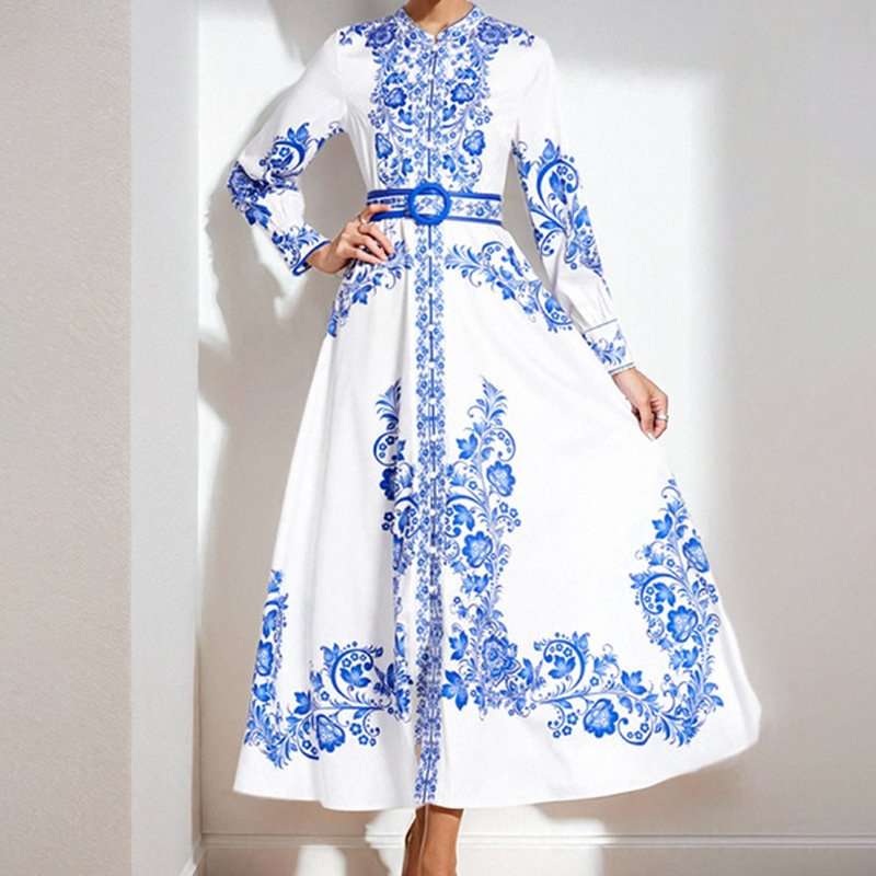 Retro Printed Long Sleeve Maxi Dress - M, Multi White image