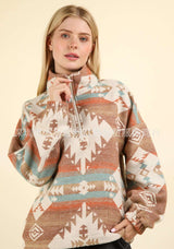 Geometric Pattern Quarter-Zip Fleece Pullover - L, Beige image
