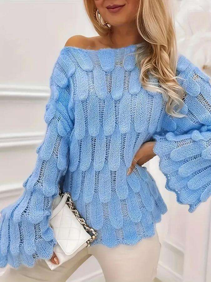 Flared Sleeves Slash Neck Sweater - L, Blue image