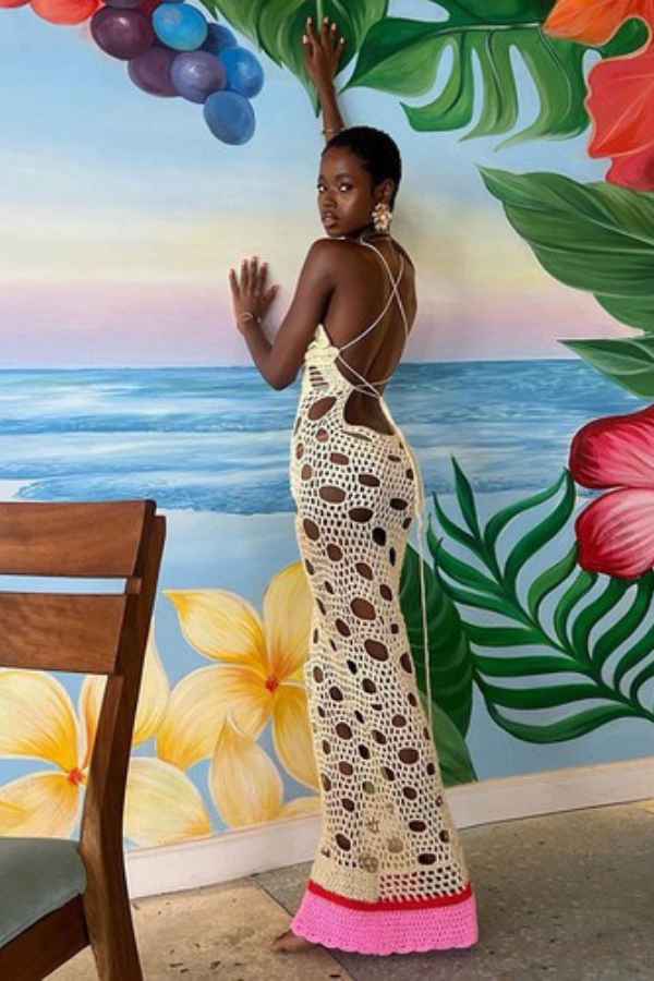 Sexy Ripped Crochet Cross Halter Back Resort Maxi Dress image 1