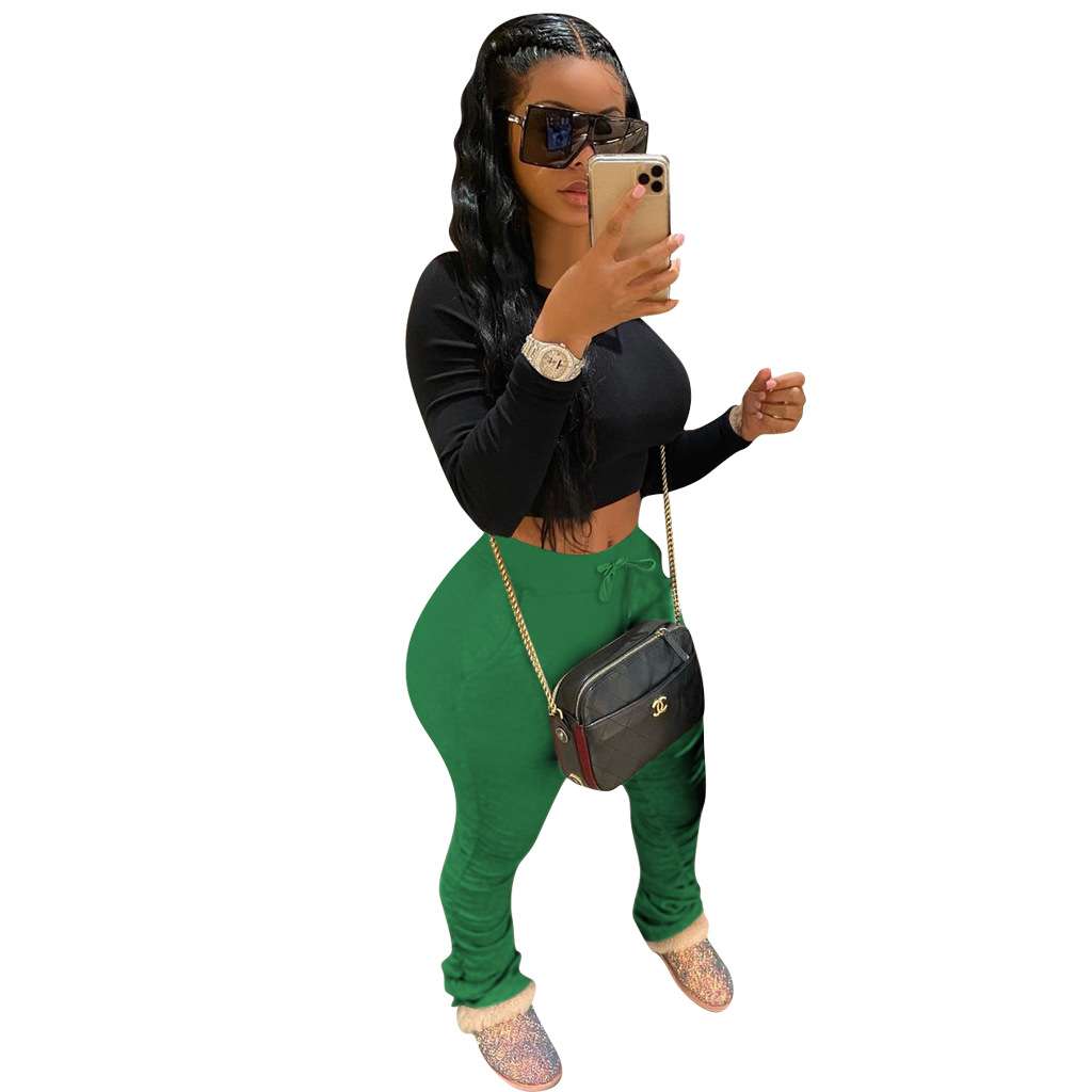 Solid Patchwork Pencil Pants - L, Cadmium Green image