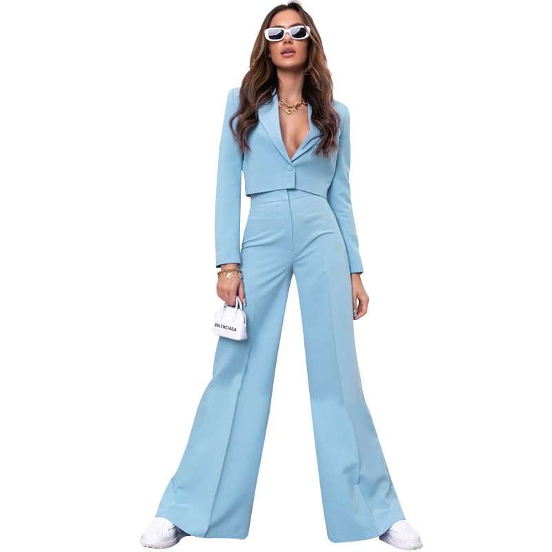 Lapel Collar Cro Tops Wide Leg Pant Blazer Sets - L, Sky Blue image