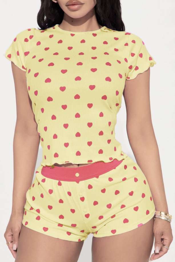 Heart-Print Ribbed Pajama Set - S, Multi Yellow image