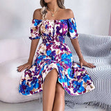 Floral Square Neck Puff Sleeve Midi Dress - L, Multi Blue image