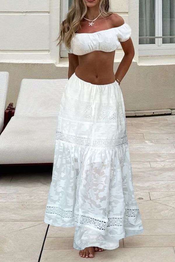 Off-Shoulder Crop Top & Lace Maxi Skirt Set - S, White image