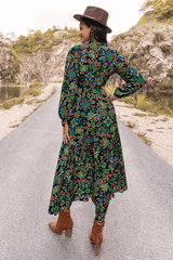 Women's Printed Lantern Sleeve Dress With Plunging V-Neckline image 1