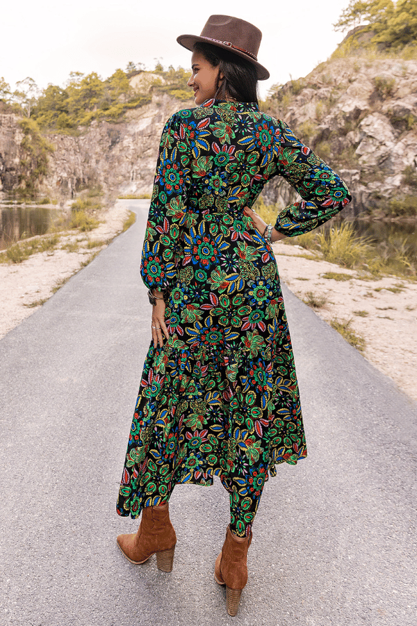 Women's Printed Lantern Sleeve Dress With Plunging V-Neckline image 1