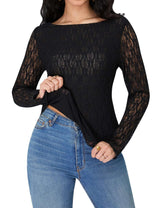 Lace Long-Sleeve Top with Sheer Detailing - L, Black image