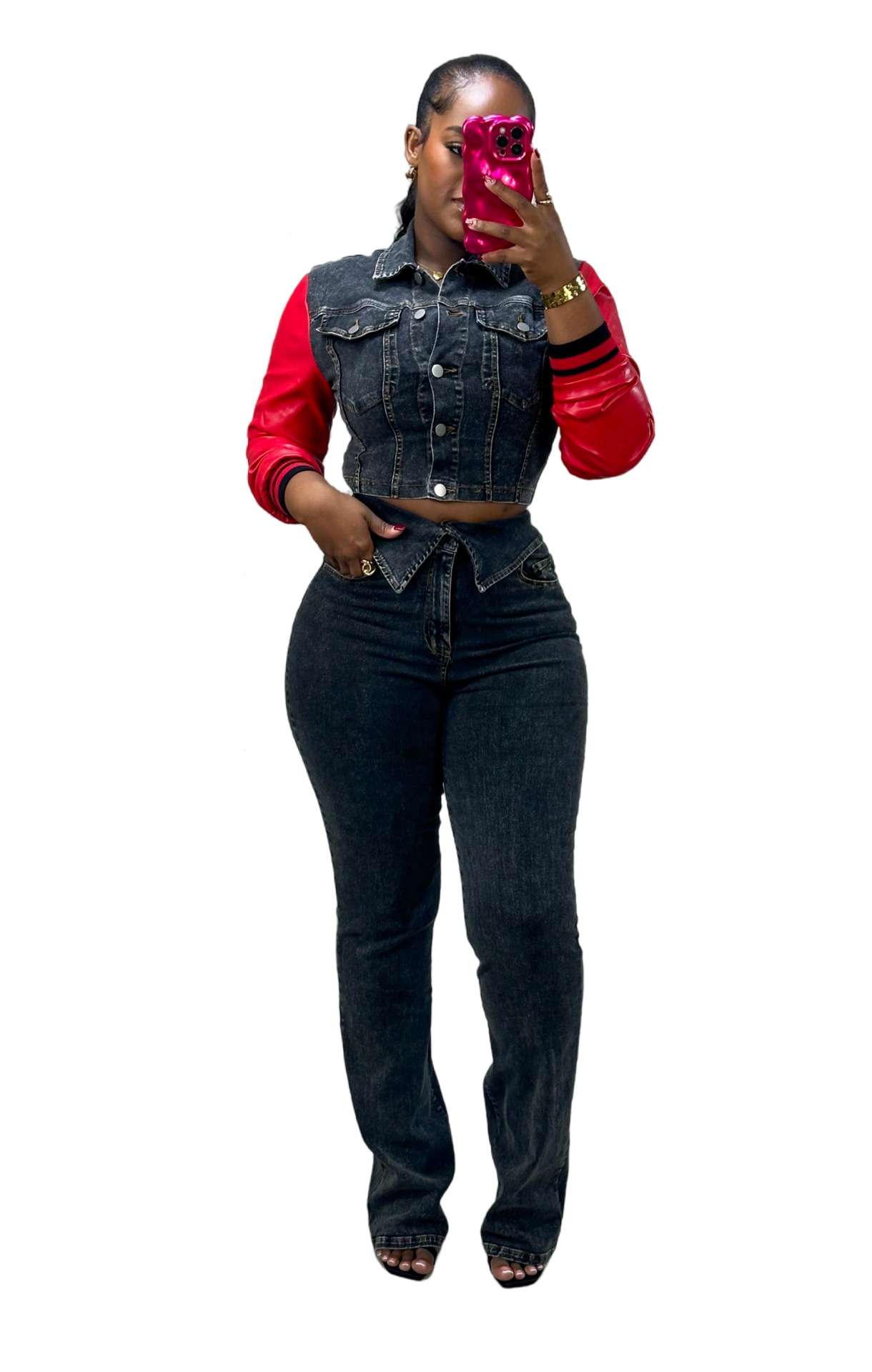 Patchwork Denim Set cropped jackethigh-waist jeans image 1