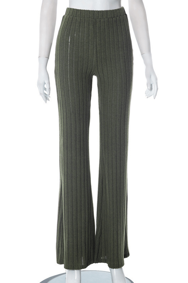 High Rise Plain Ribbed Knit Flared Pants image 4