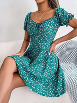 Floral Puff Sleeve A-Line Mini Dress - S, Multi Green image