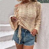 Casual Knitted Long Sleeve Hollow Out Sweater - L, Tan Beige image