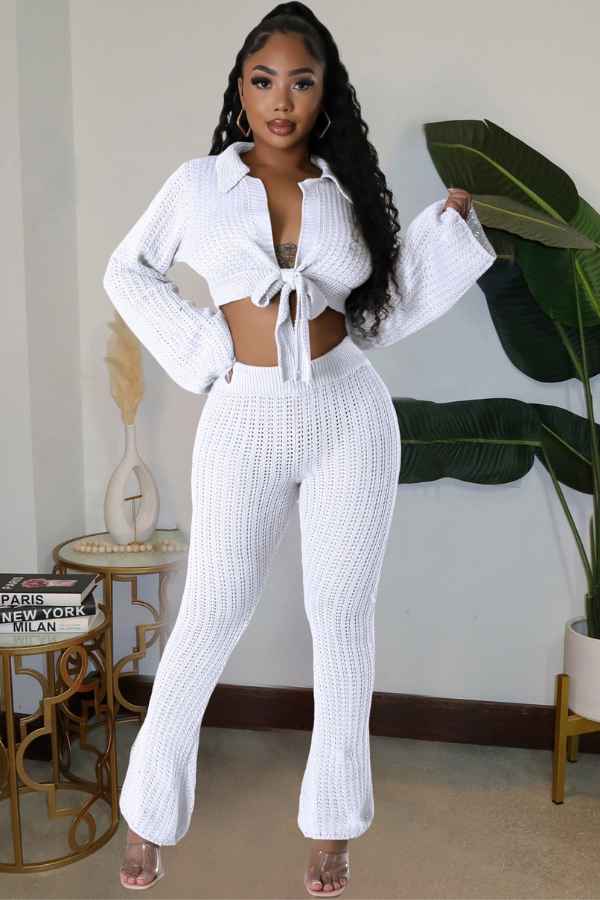 Sexy Knit Long Sleeve Top Two Piece Flared Pants Set image 3