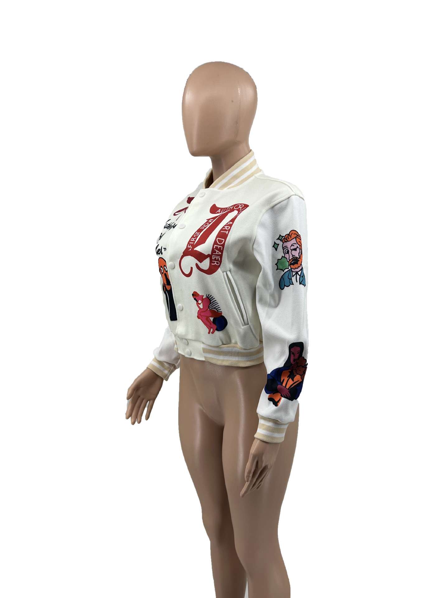 Button Up Printed Crop Fitted Baseball Jacket image 5