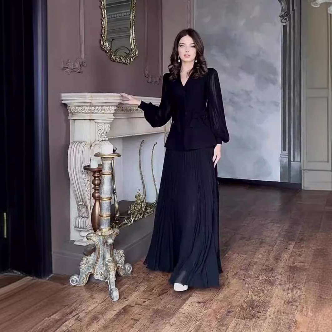 Elegant Top & Skirt Two Piece Sets - XL, Black image