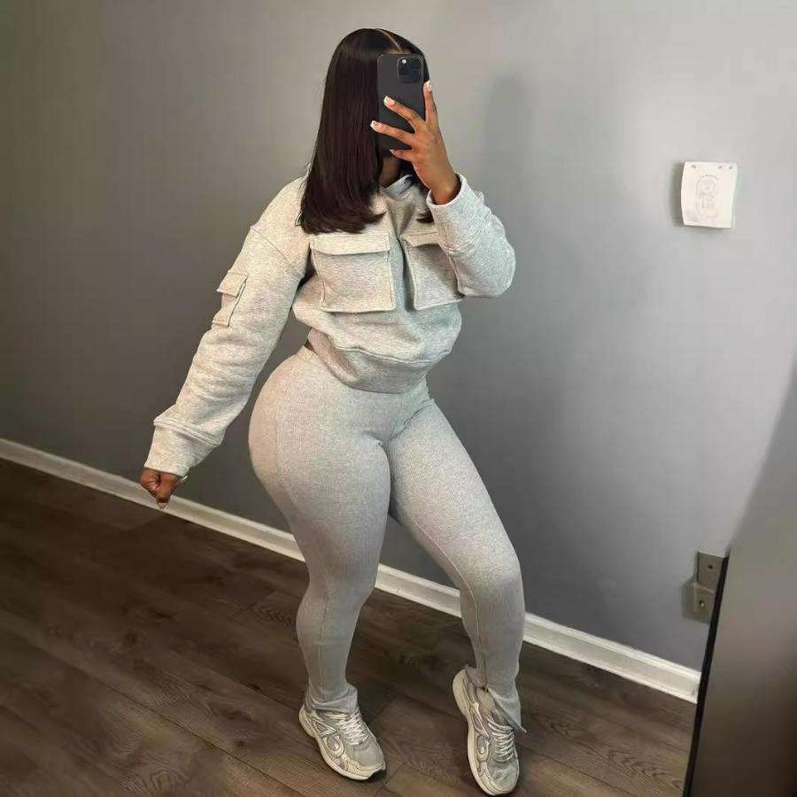 Hooded Split Hem Long Sleeve Pant Set - M, Grey image