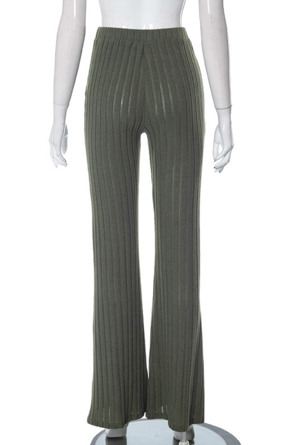 High Rise Plain Ribbed Knit Flared Pants image 5