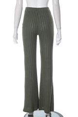 High Rise Plain Ribbed Knit Flared Pants image 5