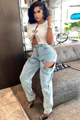 Split Cut Front Rhinestone Decor Short Sleeve Crop Top image 1