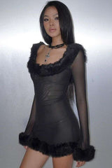 Square Neck Fluffy Trim Panel Mini Dress - M, Black image