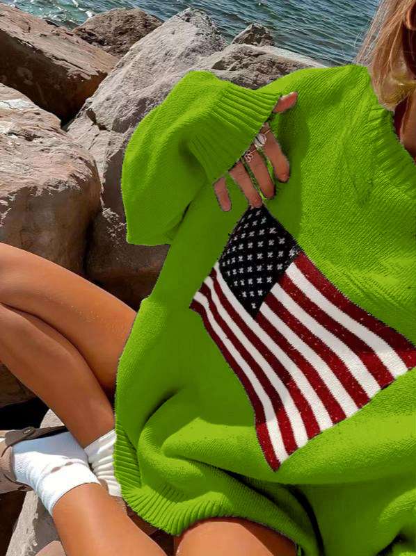 American Flag Sweater Sweater Long Sleeve  Pullover - M, Green image