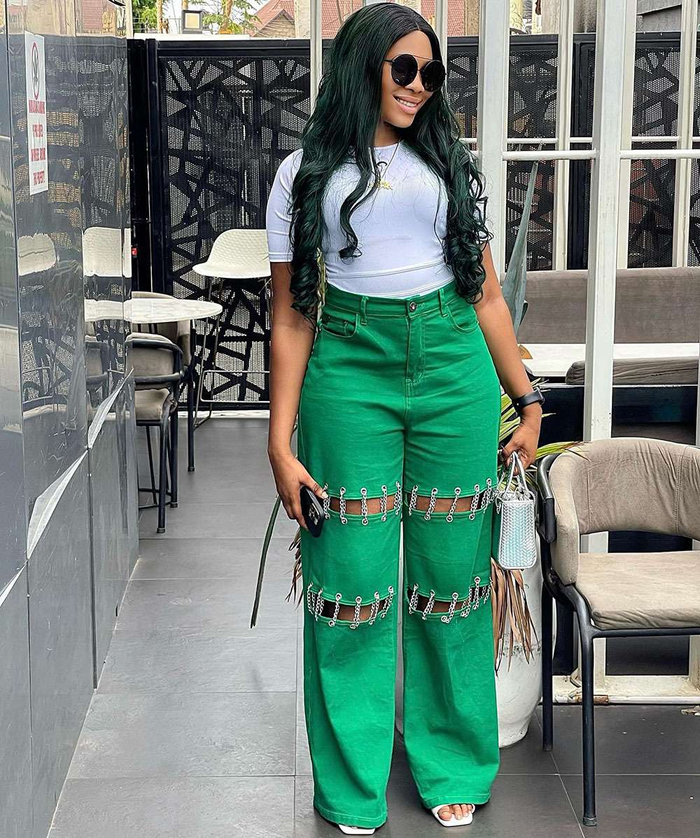 Bold Chain-Detail Wide-Leg Pants - L, Green image